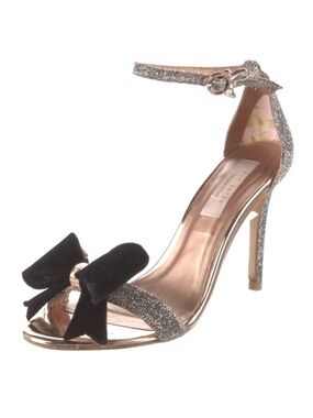 Ted Baker Bowdalo Silver Glitter Heels Black Velvet Bow Ankle Strap EU 37.5 US 7